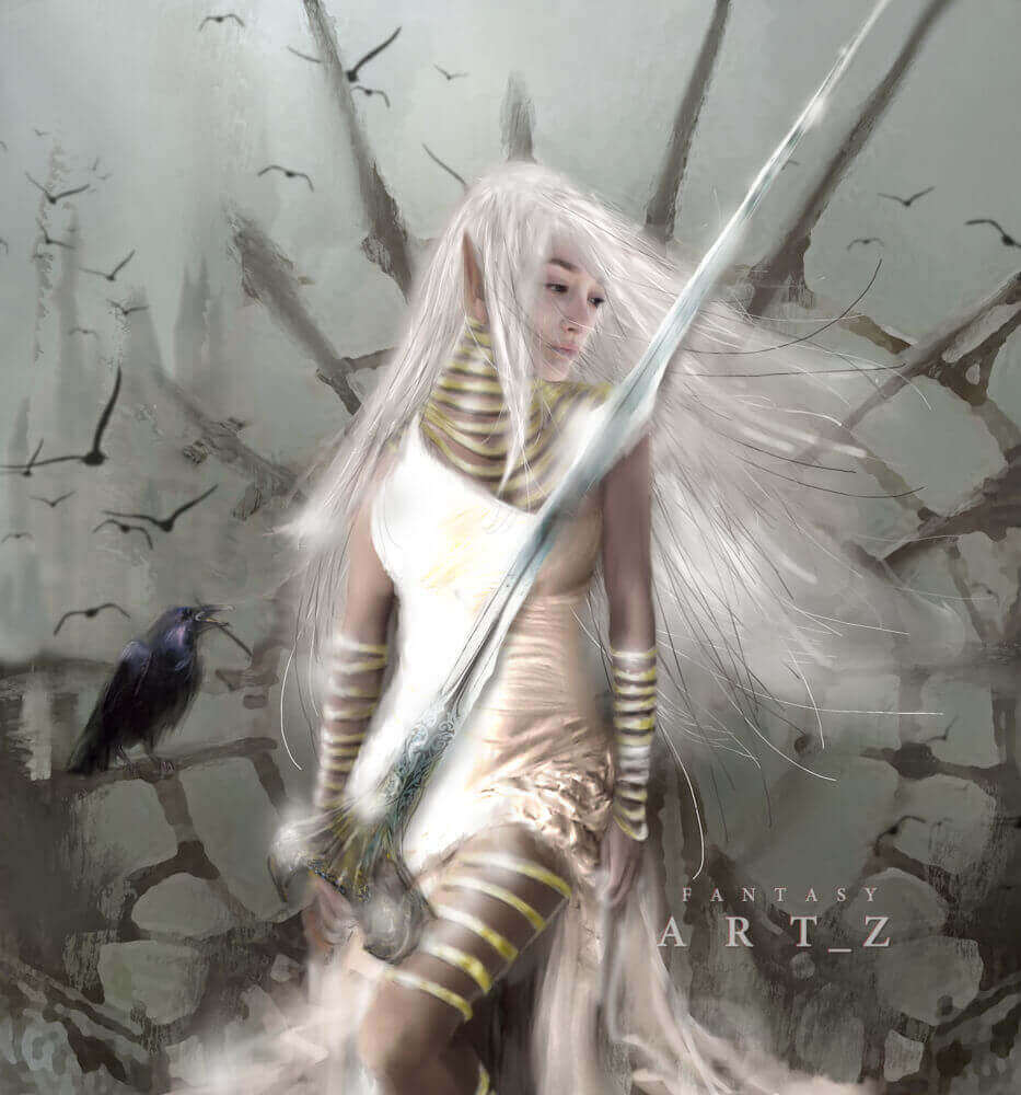 Fantasy angel warrior with long white hair and golden armor holding sword with black ravens