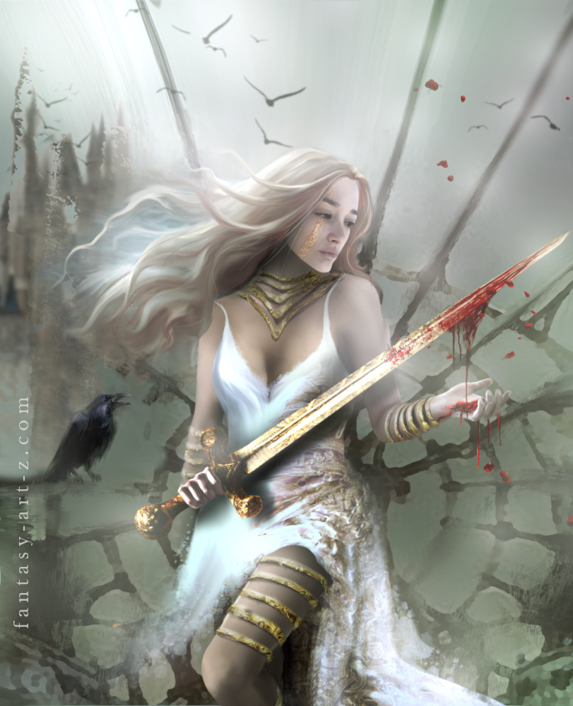 Fantasy digital illustration of an elegant blonde warrior princess in a white dress and golden armor straps, holding a bloody golden sword in a misty landscape with a black raven and flying birds.