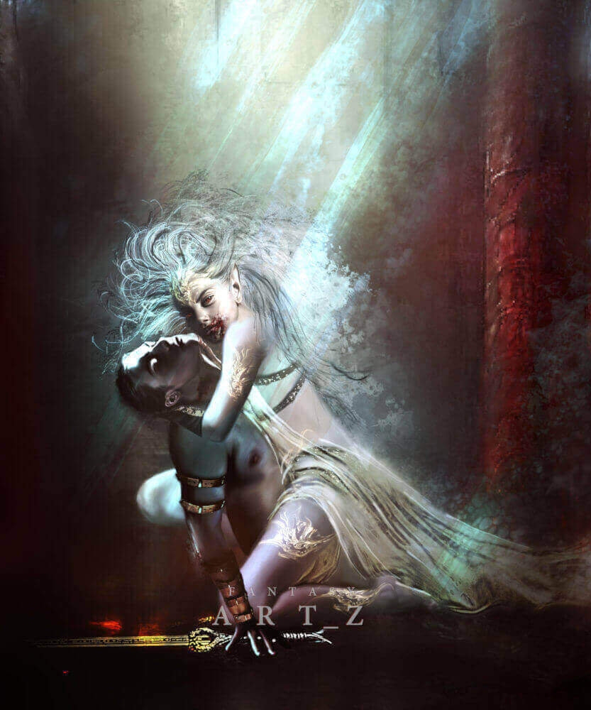 Fantasy digital art depicting vampire woman with flowing silver hair embracing dark warrior in atmospheric lighting with divine light rays