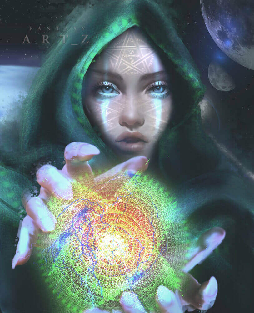 Fantasy art of mystical woman with green hood and glowing facial markings holding magical orb of light with cosmic energy and celestial background