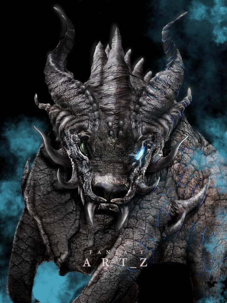 Dark fantasy dragon head with horns and spikes in blue smoky atmosphere digital art