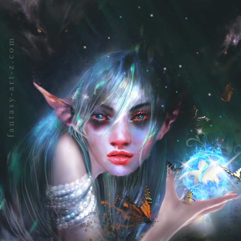 Fantasy art of mystical elf woman with pointed ears holding glowing blue magic orb surrounded by butterflies