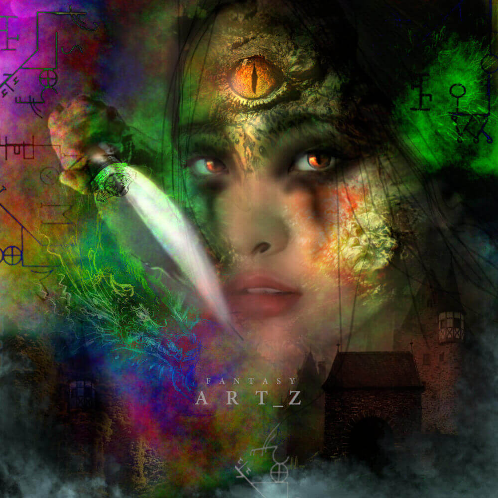 Surreal fantasy digital art featuring woman's face with third dragon eye on forehead surrounded by colorful mystical symbols and occult sigils