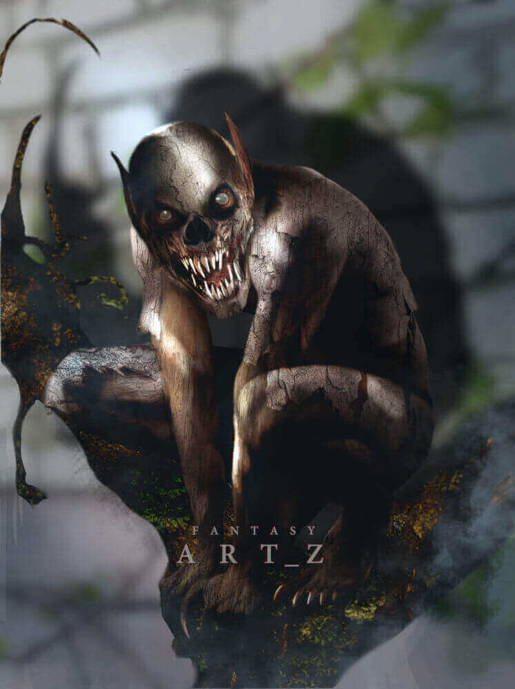 Dark fantasy creature art - menacing skeletal demon with sharp teeth crouched on mossy rock in atmospheric forest setting