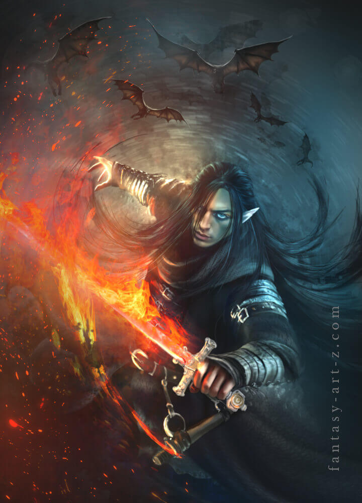 Fantasy art-print poster of Dark elf warrior with weapon and armor