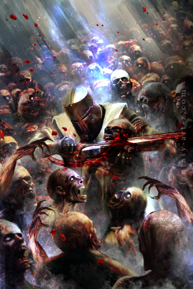 Dark fantasy digital illustration of a medieval knight in helmet slicing through a swarm of attacking zombies and undead ghouls with a blood-stained sword under a beam of bright divine light.