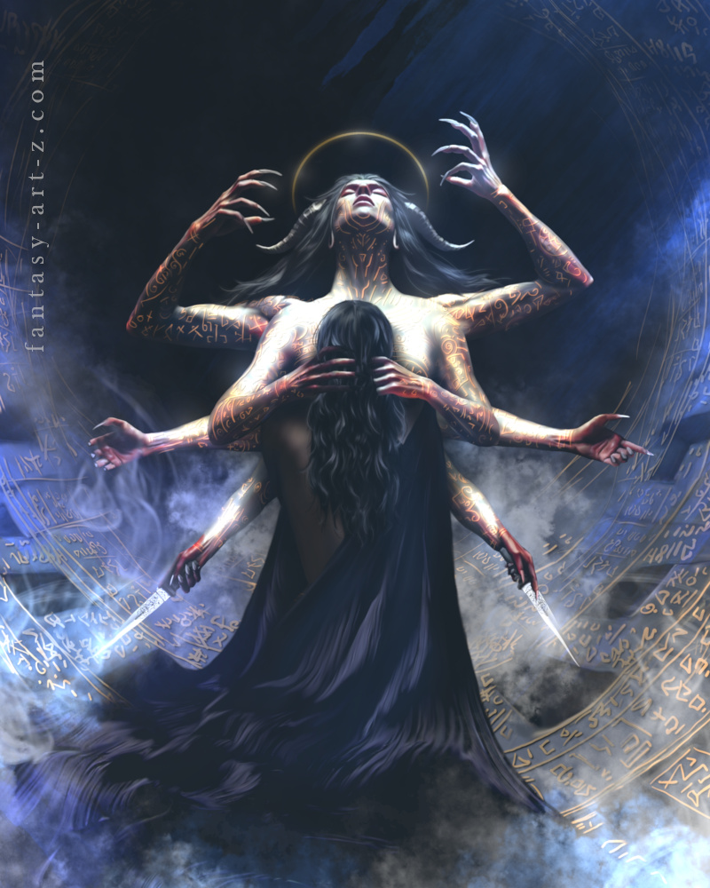 Dark fantasy digital illustration of a multi-armed horned deity with a golden halo and glowing skin runes, embracing a figure draped in black silk amidst glowing magical glyphs and smoke.