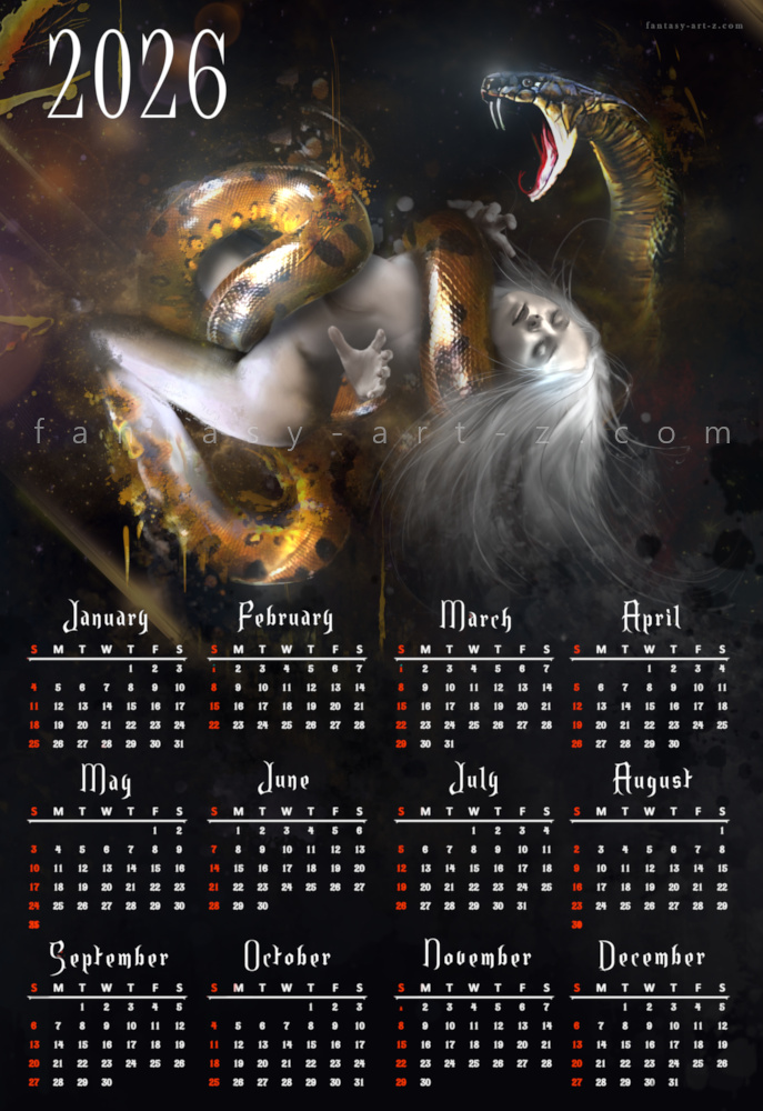 2026 fantasy calendar featuring ethereal woman with golden serpent in dark mystical setting