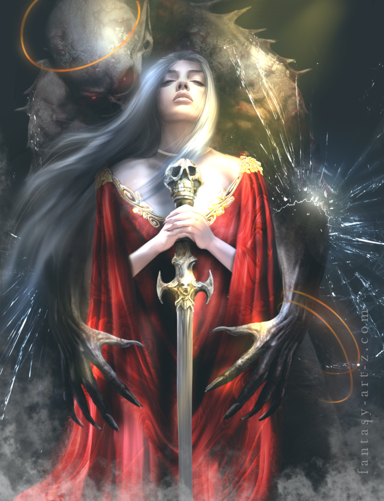Dark fantasy art of a silver-haired queen in a red cloak holding a skull-topped sword while a shadowy demon looms behind her