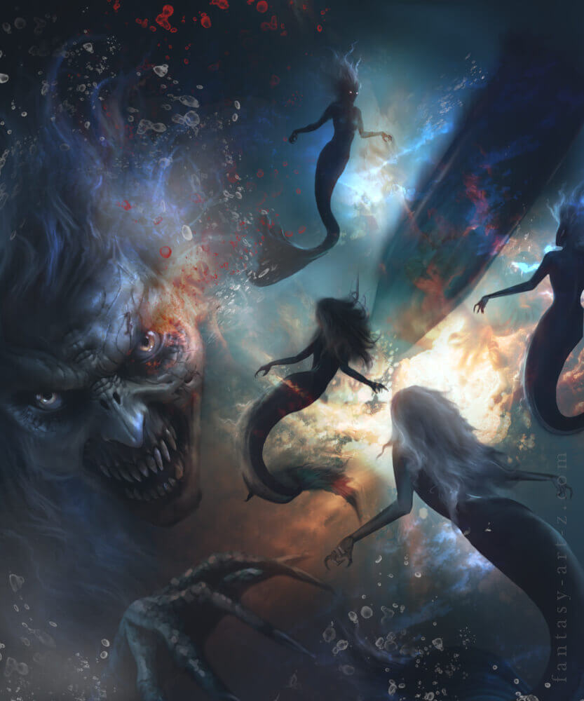 Horror fantasy art-print or poster with sinister dark mermaids