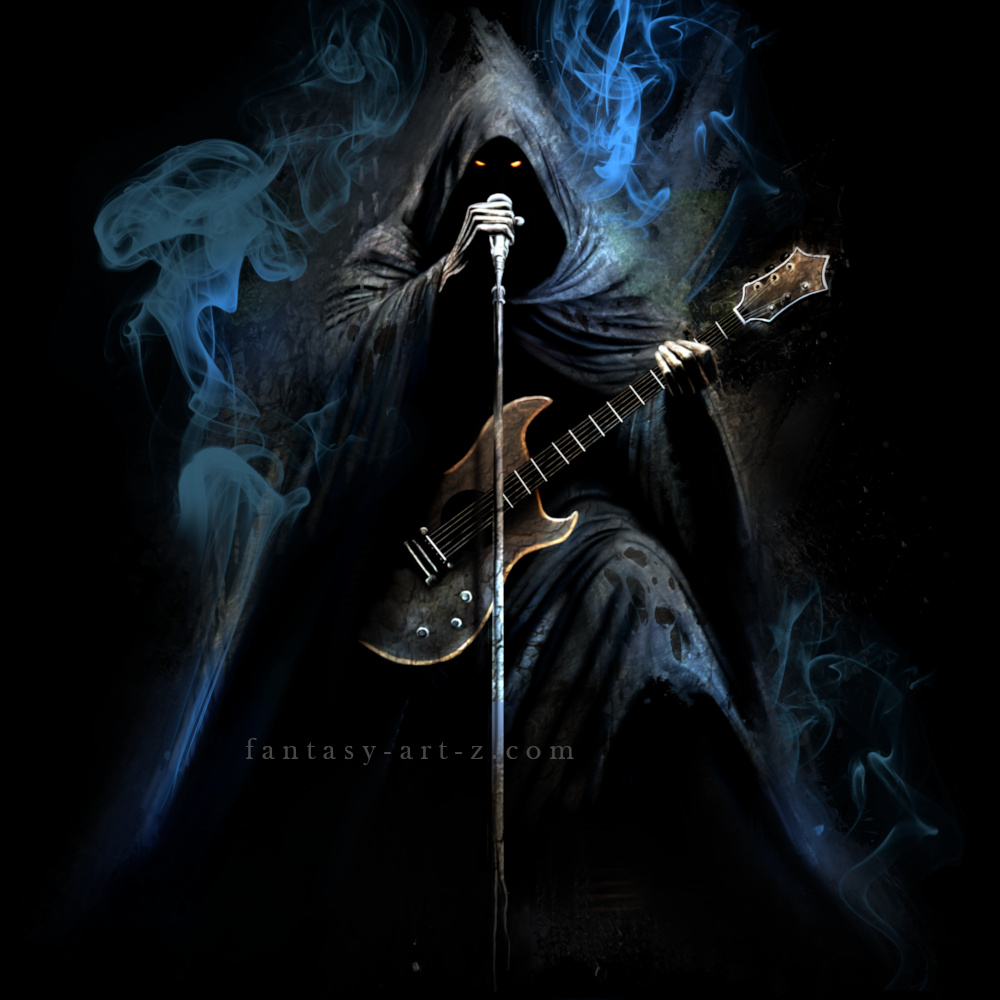 Dark fantasy art illustration of a hooded Grim Reaper with glowing eyes playing electric guitar surrounded by swirling blue smoke on a black background