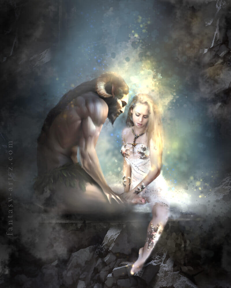 Fantasy digital art showing horned demon or satyr figure with ethereal blonde woman in white dress surrounded by magical golden light and sparkles