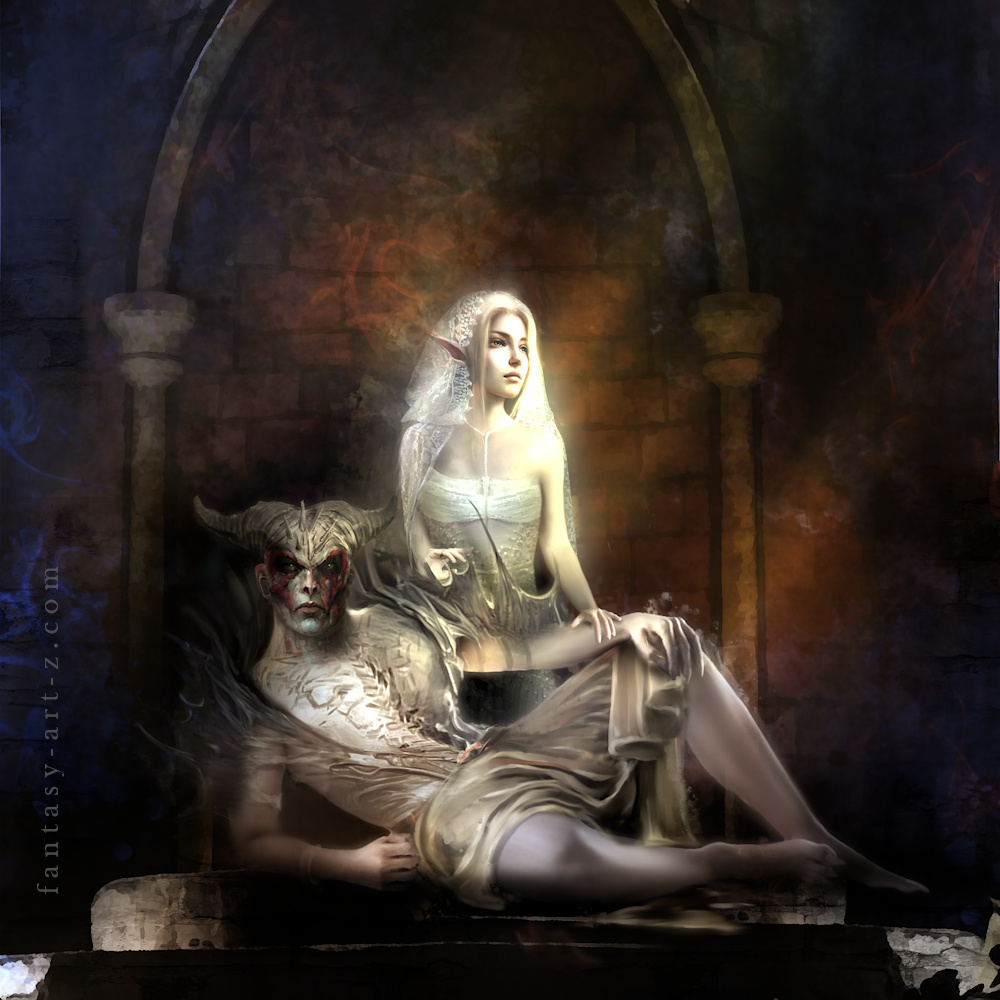 Fantasy art of ethereal elf woman in white dress sitting beside horned demon or devil figure in atmospheric gothic cathedral ruins with dramatic lighting