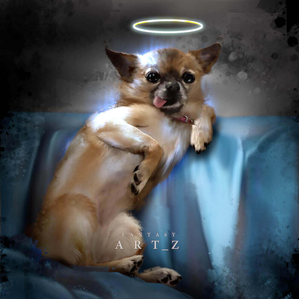 Fantasy art of cute chihuahua dog with angel halo and glowing light in heavenly blue setting digital painting