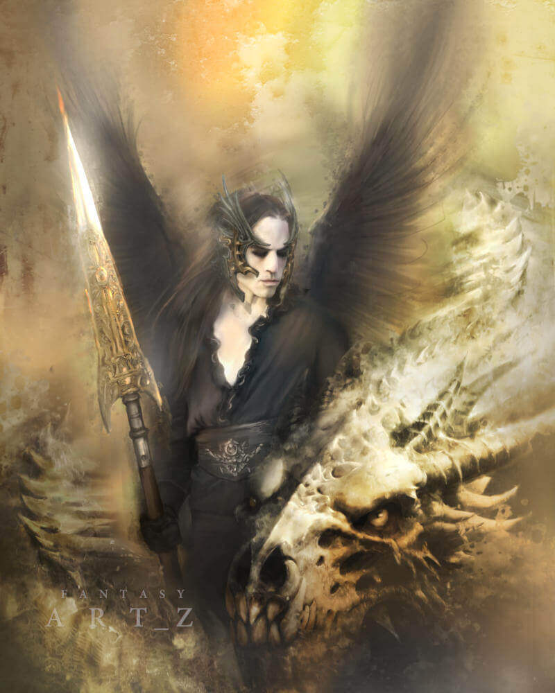 Dark fantasy digital art featuring winged warrior angel with ornate spear and dragon imagery in golden atmospheric lighting