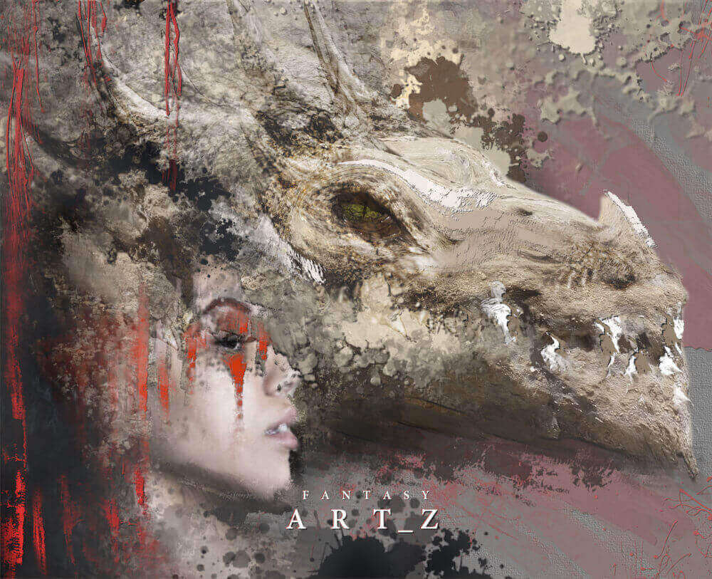 Fantasy dragon with horns next to ethereal woman face with red paint drips and weathered textures