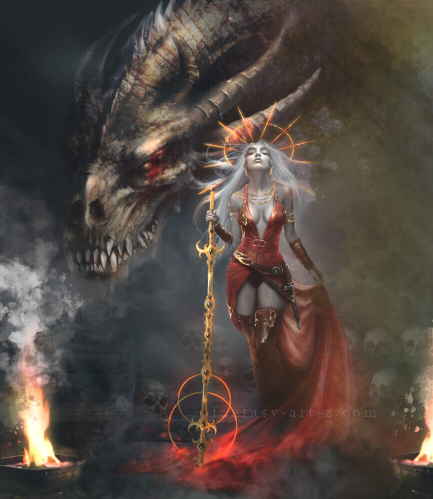 Fantasy art-print poster of ethereal woman with silver hair and golden crown standing before massive dragon, holding ornate staff with glowing orbs and flames
