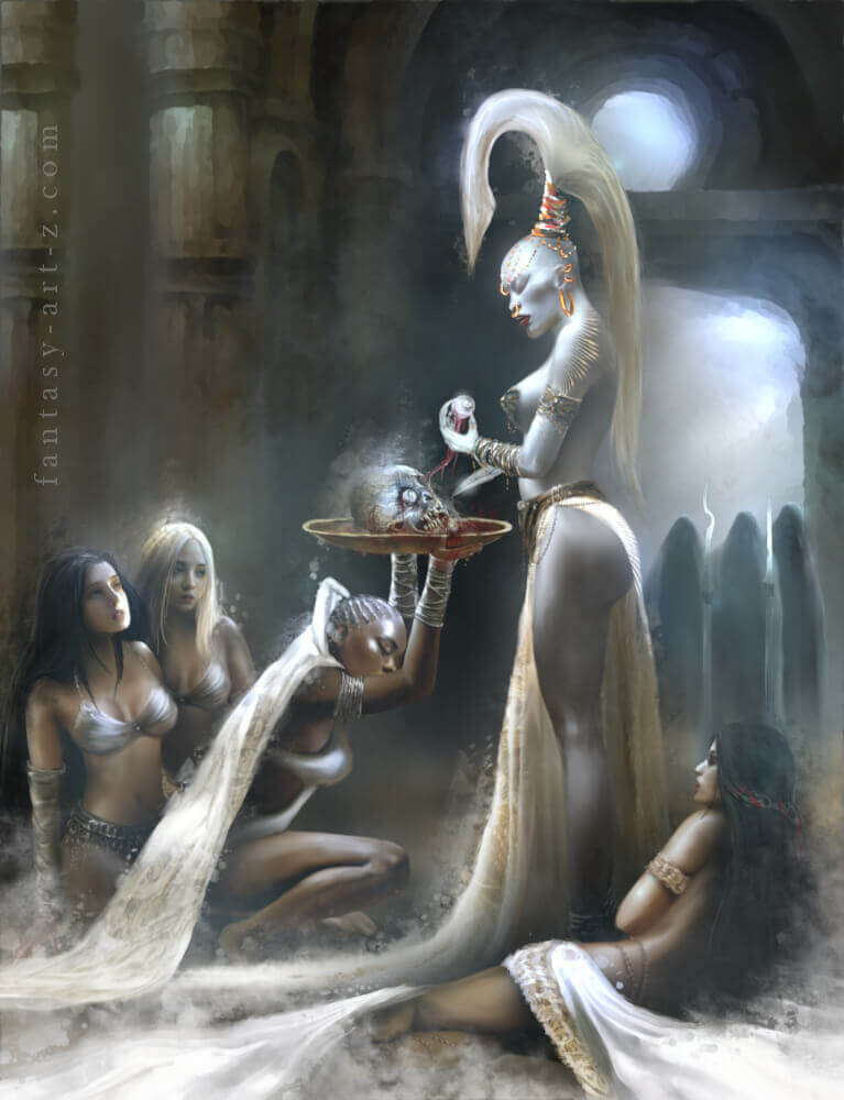 Fantasy art-print poster of white-haired priestess with ritual skull bowl surrounded by female attendants in temple setting
