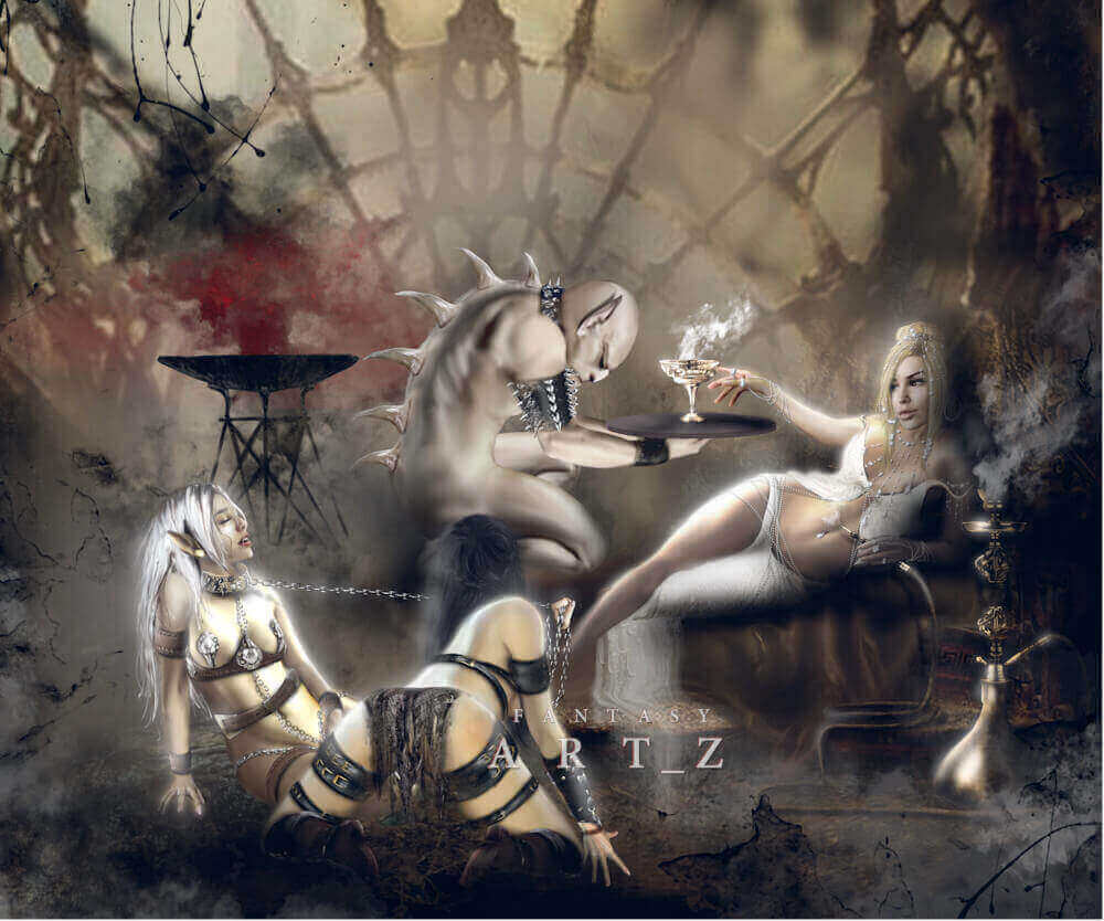Fantasy art depicting dungeon scene in castle with a mistress and her slaves