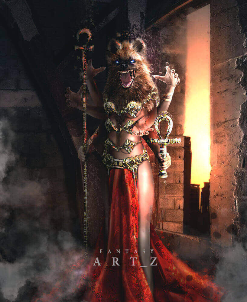 Fantasy art of Egyptian goddess or priestess with jackal wolf head mask holding ankh staff in ancient temple with dramatic lighting and red robes