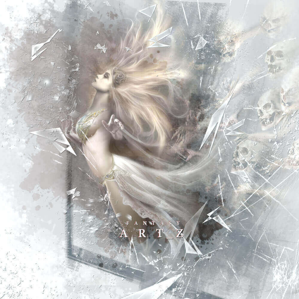 Fantasy woman with flowing blonde hair escaping through the glass wall