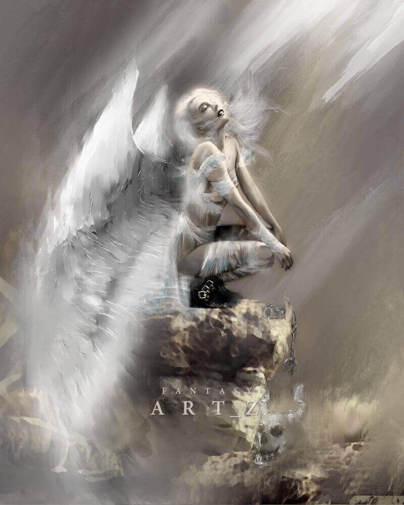 Fantasy angel art - ethereal winged figure with flowing white hair sitting on rocky cliff in soft atmospheric light