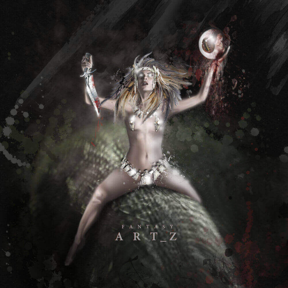 Dark fantasy art of tribal warrior woman with horned headdress holding bloody weapon and eyeball in dramatic pose