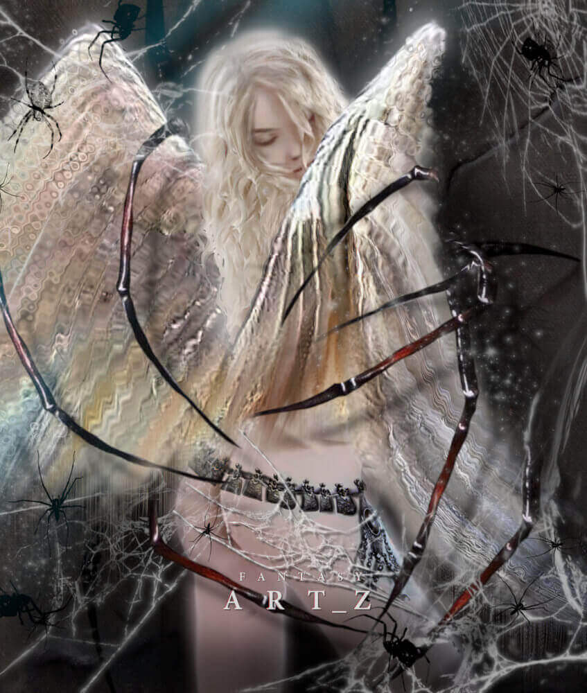 Dark fantasy art of blonde angel with ornate wings trapped in spider webs with black spiders crawling around
