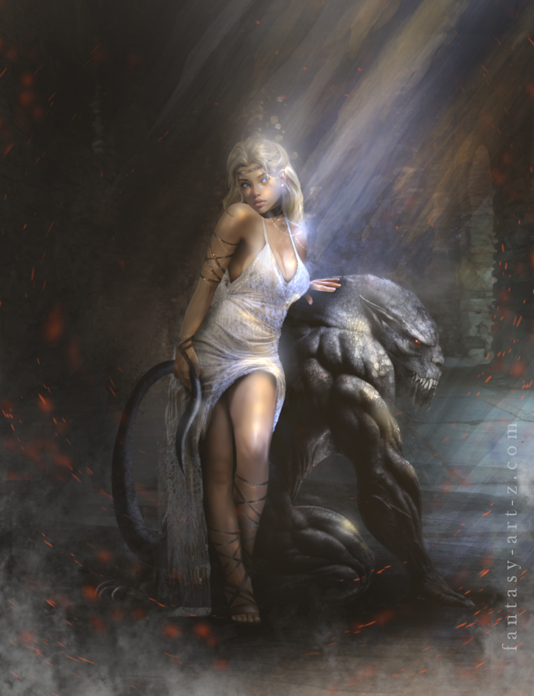 Digital fantasy art of a blonde woman in a white dress standing next to a large, muscular grey beast with glowing red eyes in a smoky, dark cavern.