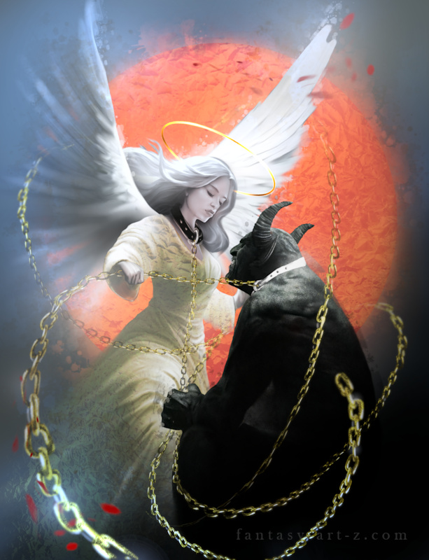 Fantasy art showing an angel with white wings holding a demon on the golden chain against a burning sun background