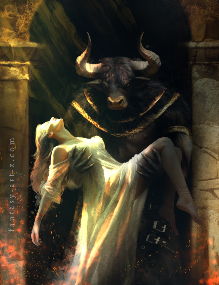 Fantasy digital illustration of a large horned minotaur emerging from a dark stone archway while gently carrying a swooning woman in a flowing white dress under dramatic sunlight.