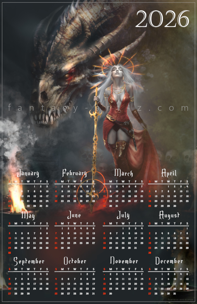 2026 fantasy calendar with warrior woman holding golden staff facing fierce dragon
