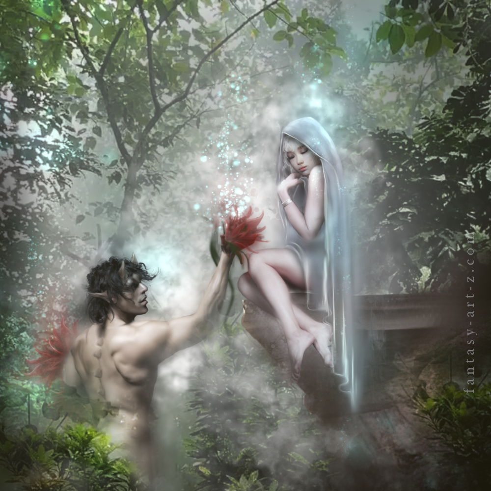 Fantasy art of nymth in white veil by waterfall with kneeling satyr offering red flowers in mystical forest