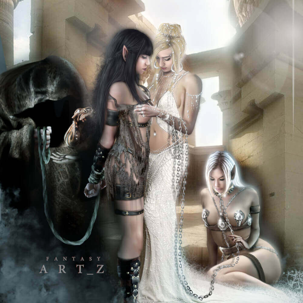 Fantasy scene with a princess on a slaves elves market