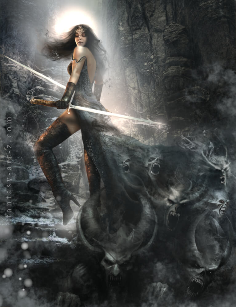 Dark fantasy art-print poster of warrior woman with sword fighting shadow demons in atmospheric cave setting
