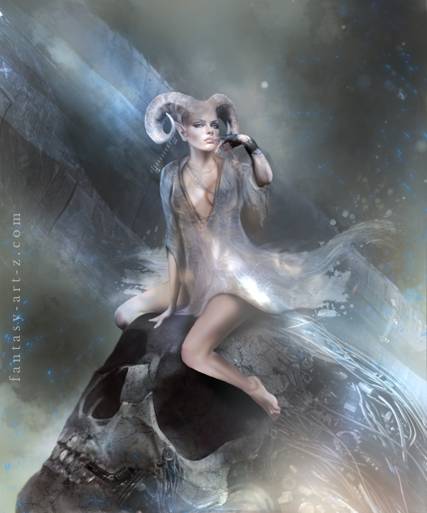 Dark fantasy art of female demon sitting on a skull in gothic atmospheric setting with sci-fi elements, etherial, dreamy blue light