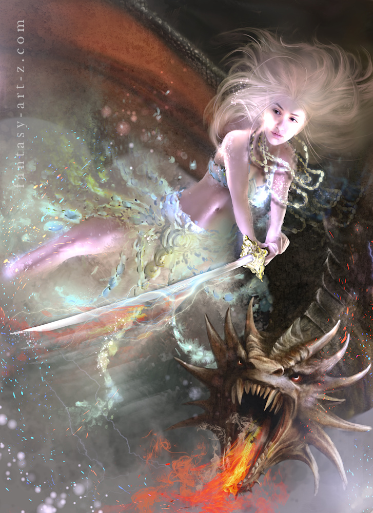 Fantasy art of ethereal goddess wielding glowing sword amid lightning and storm clouds fighting with dragon