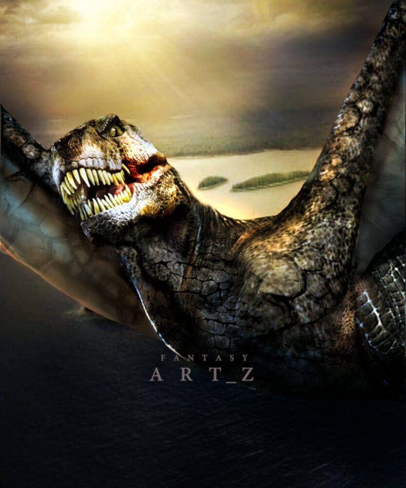 Fantasy art of massive dragon with fierce glowing eyes and sharp fangs under stormy sky