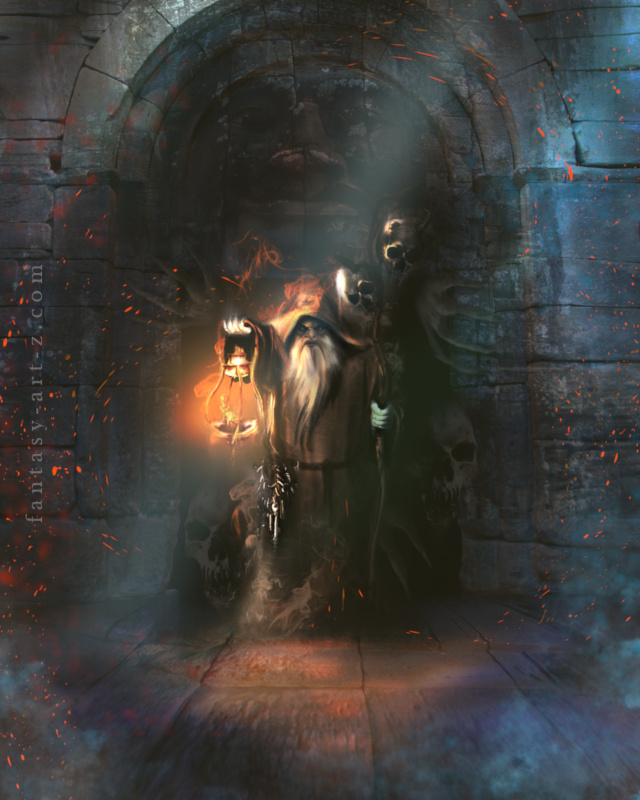 Dark fantasy art - hooded figure with lantern in ornate gothic shrine with skulls and candles in atmospheric ruins