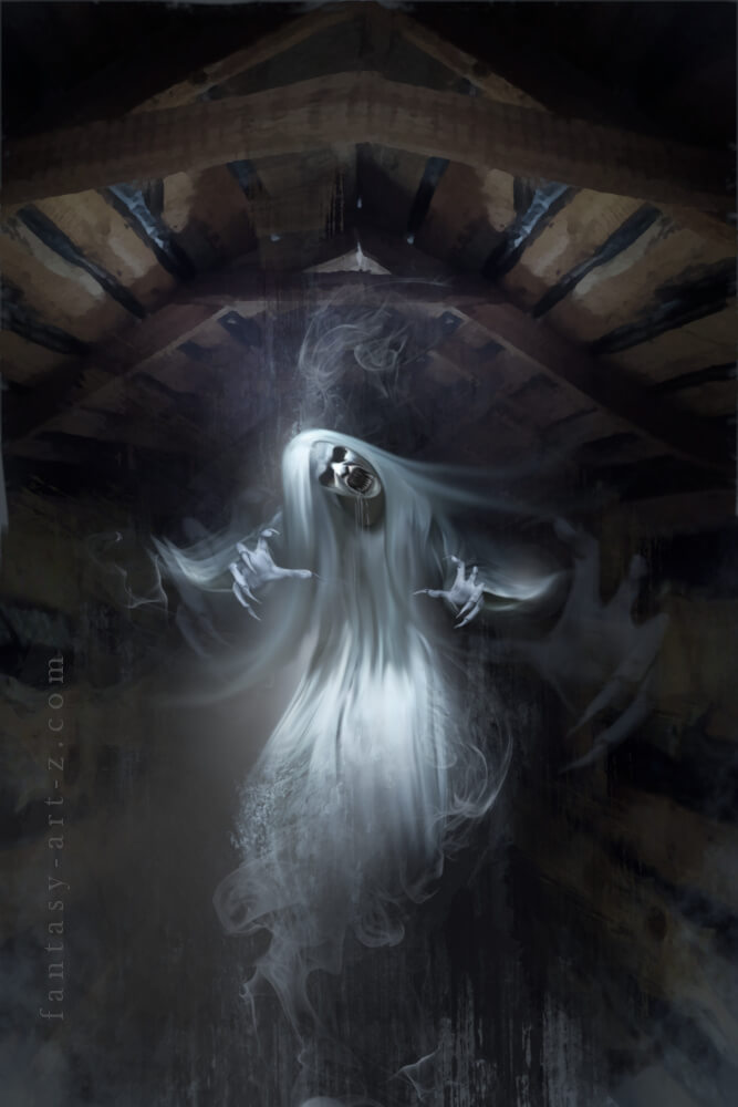 Dark horror fantasy art of ghostly figure with skull face in flowing white robes floating in gothic cathedral