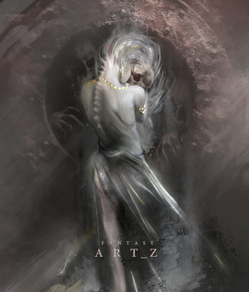 Gothic fantasy art - ghostly woman with flowing white hair and golden jewelry in dark atmospheric cave setting