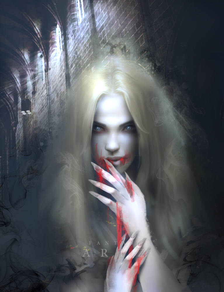 Gothic fantasy art featuring pale woman with long blonde hair and red lips in dark stone corridor with bloodied hands