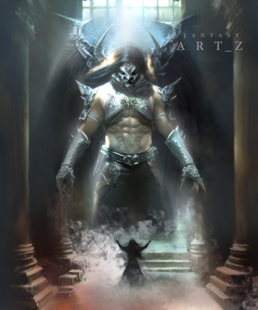 Dark fantasy art of horned demon lord in armor standing in temple with small figure kneeling below