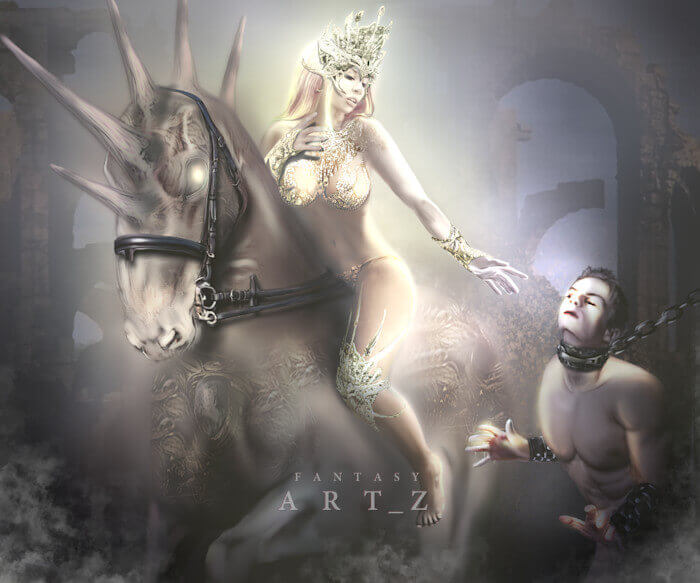 Fantasy art of golden crowned goddess figure with unicorn and kneeling servant in ethereal mythological setting
