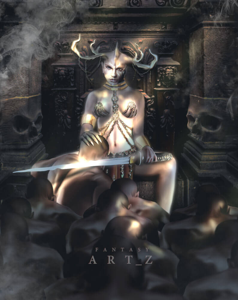 Dark fantasy art of horned demon warrior woman with sword sitting on throne in gothic temple with skulls and chains