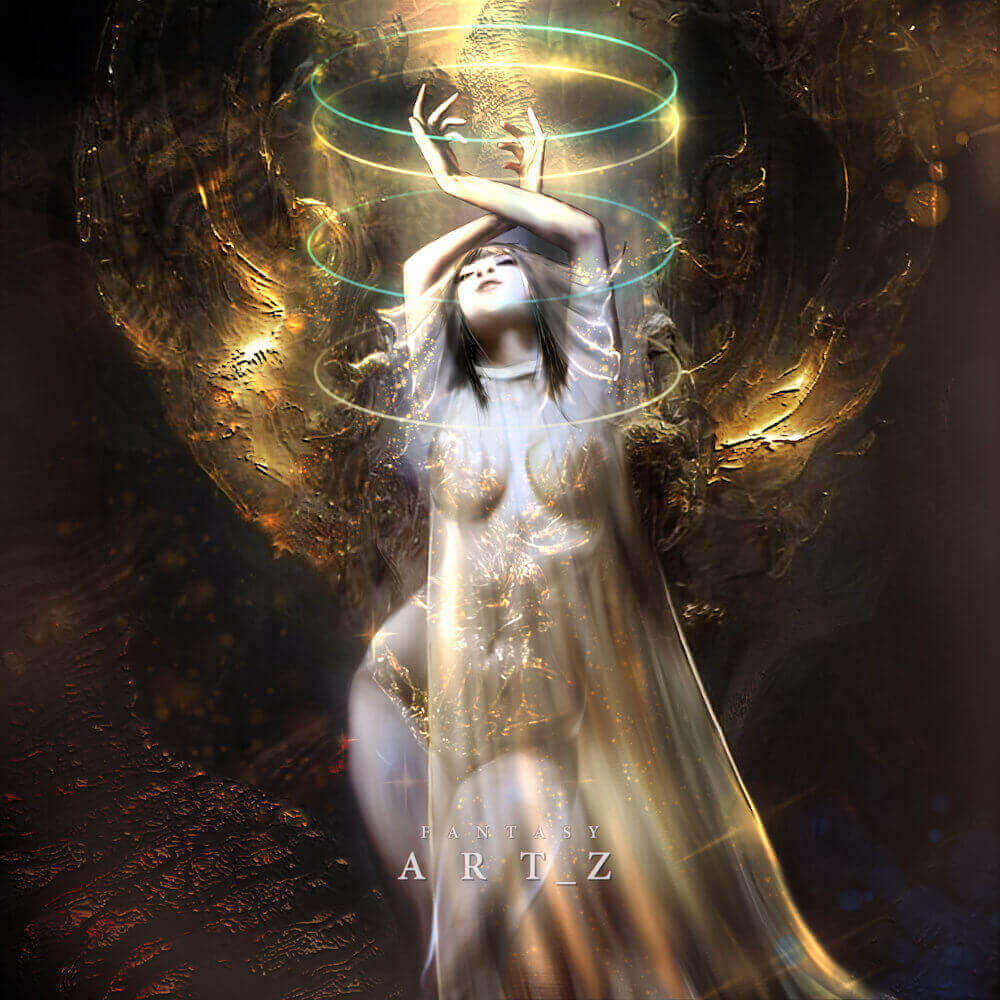 Fantasy digital art featuring ethereal woman in flowing white robes surrounded by golden light effects and mystical energy rings