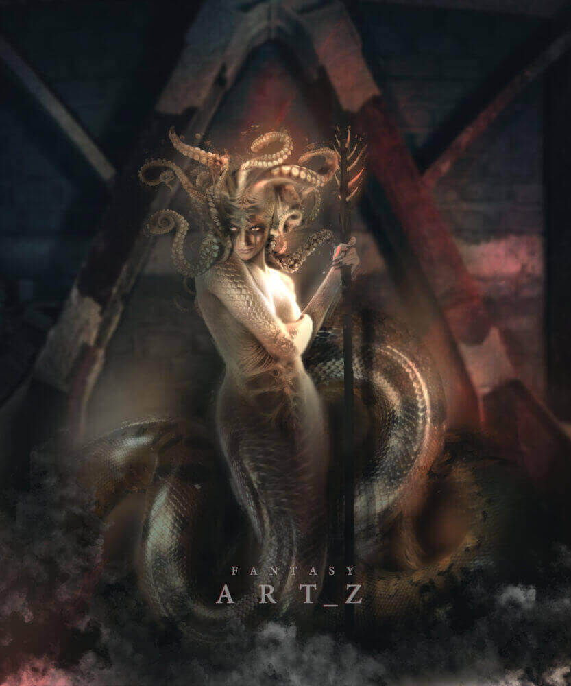 Dark fantasy digital art featuring serpentine woman with octopus tentacles for hair