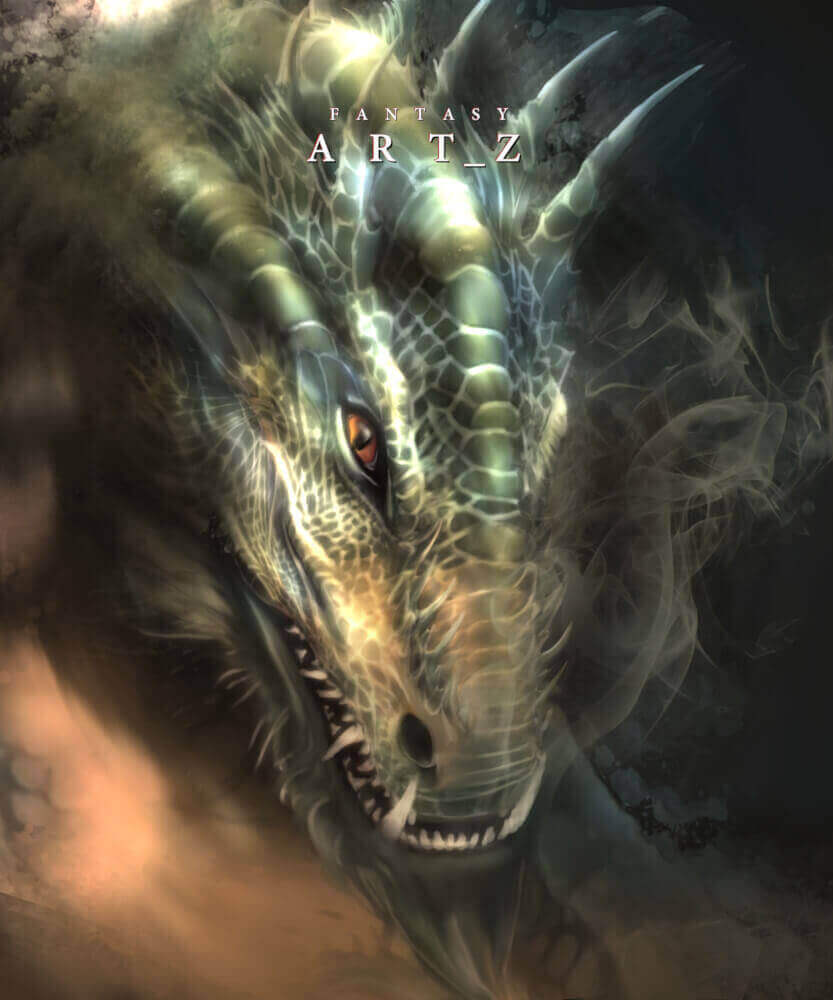 Fantasy art of fierce dragon head with glowing orange eyes, sharp horns and teeth, detailed scales in dramatic lighting with mystical atmosphere