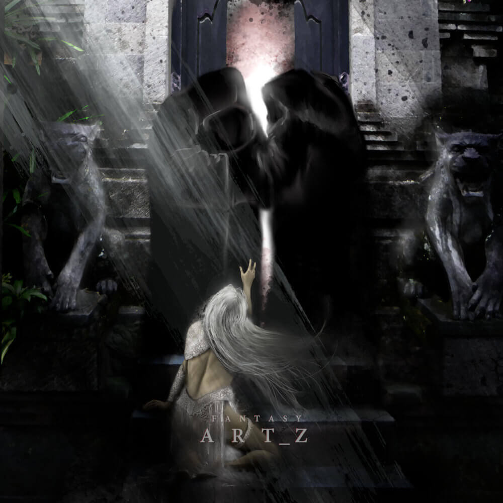 Dark fantasy scene with two hooded figures in black robes standing over kneeling woman with white hair in ancient ruins