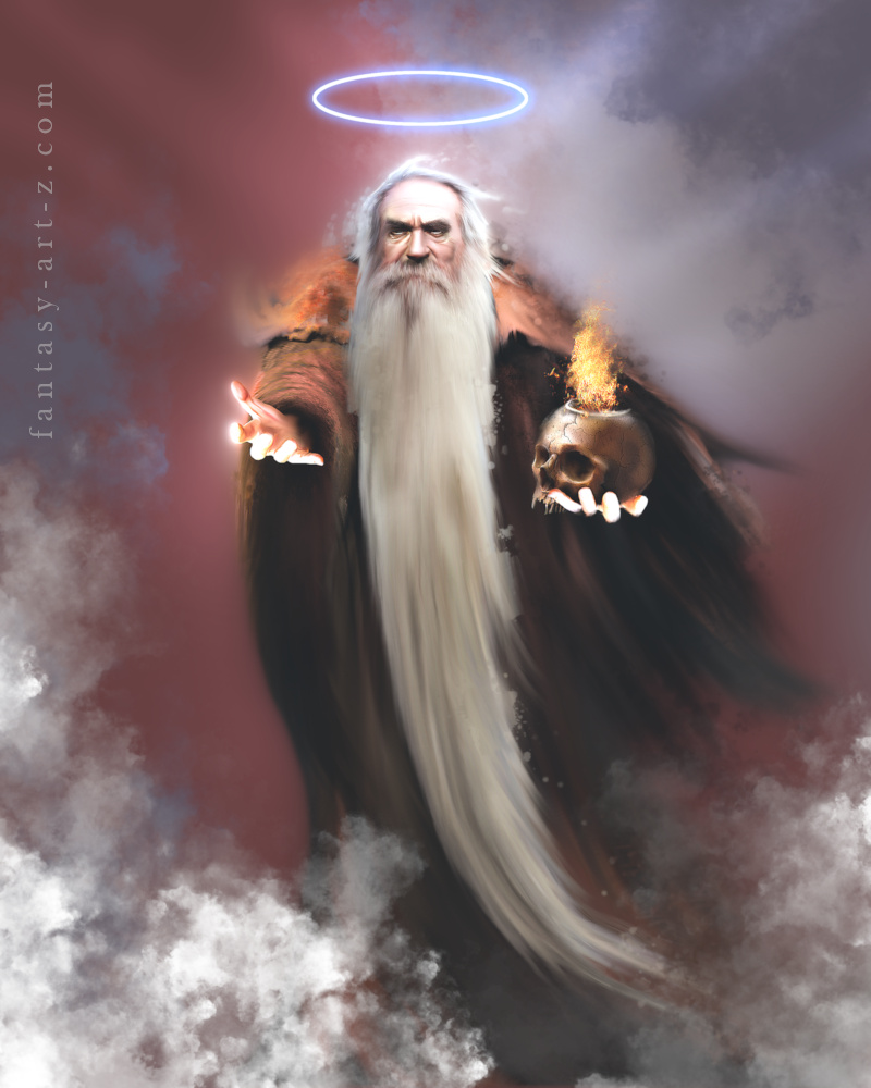Divine wizard with white beard and halo holding fire an
			d skull in apocalyptic fantasy landscape